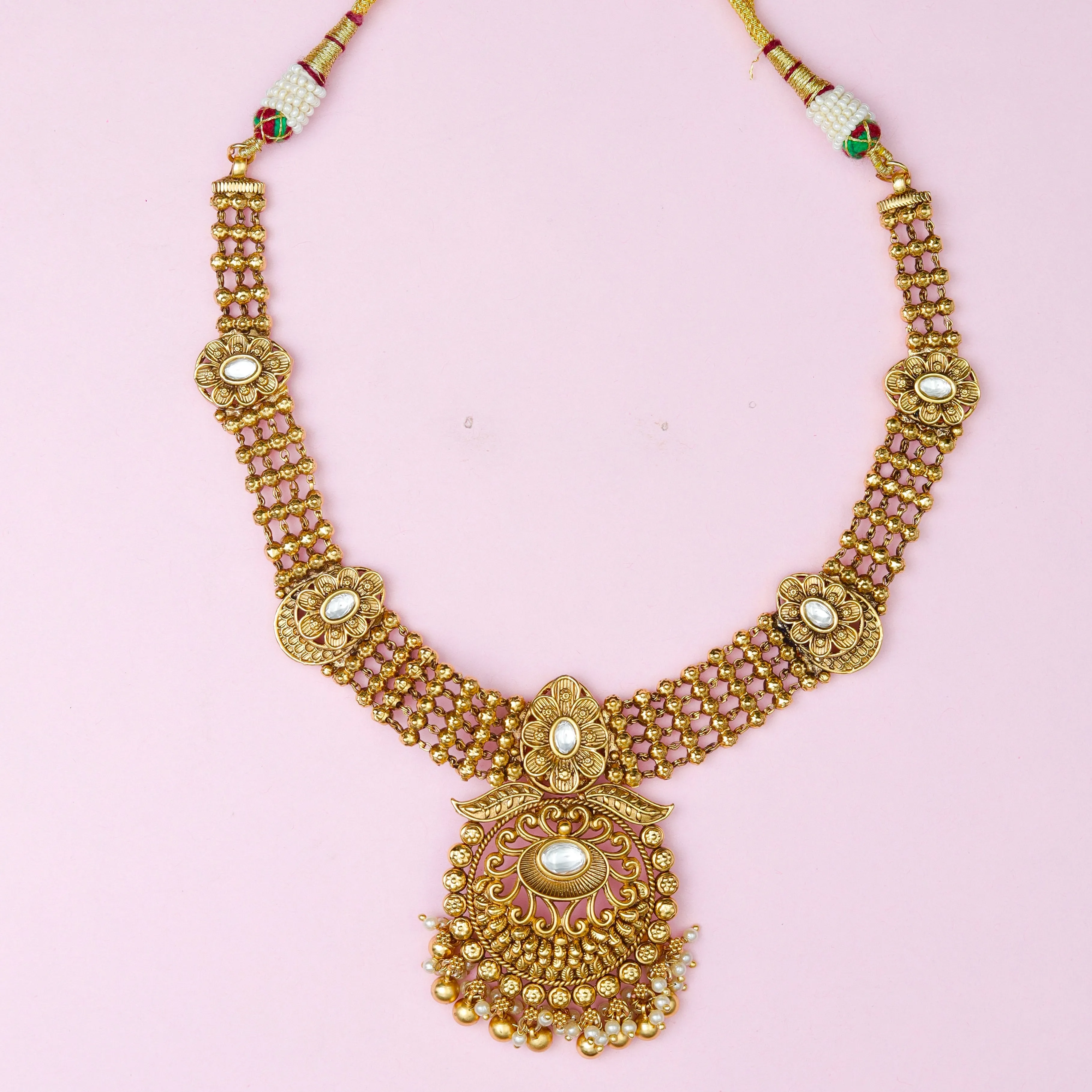 Antique Gold Plated Round Neck Necklace Set 10053-28