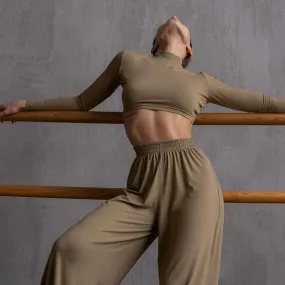 Athleisure Solid Long Sleeve Crop Top Wide Leg Pants Matching Set - Khaki
