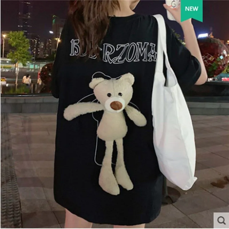 Bear T-shirt girlfriends outfit summer loose short-sleeved bf wind couple outfit mid-length half-sleeved top women's and men's trendy ins