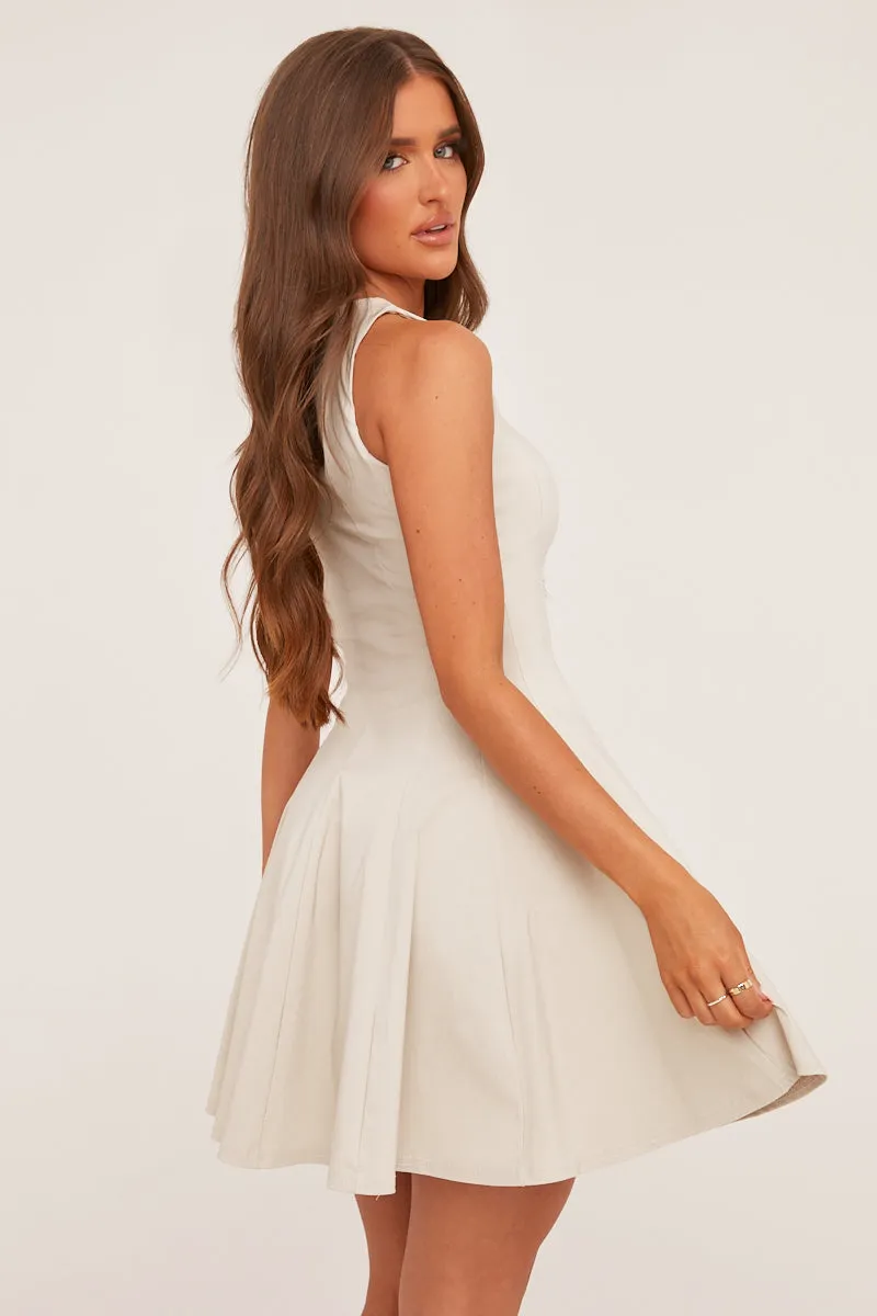 Daniyas Beige Mini Dress with Structured Seam Detail