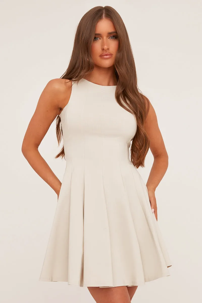 Daniyas Beige Mini Dress with Structured Seam Detail
