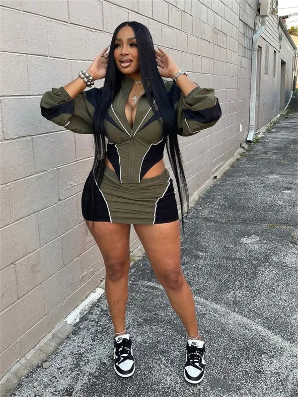 Contrast Color Sport Long Sleeve Coat Skirts