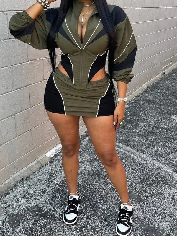 Contrast Color Sport Long Sleeve Coat Skirts