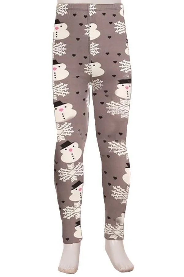 Kids Comfortable Snowflake and Snowman Leggings in Gray and White - Girls Yoga Pants with No-Roll Waistband - Available in Sizes Small and Large