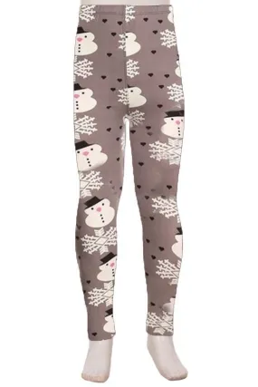 Kids Comfortable Snowflake and Snowman Leggings in Gray and White - Girls Yoga Pants with No-Roll Waistband - Available in Sizes Small and Large