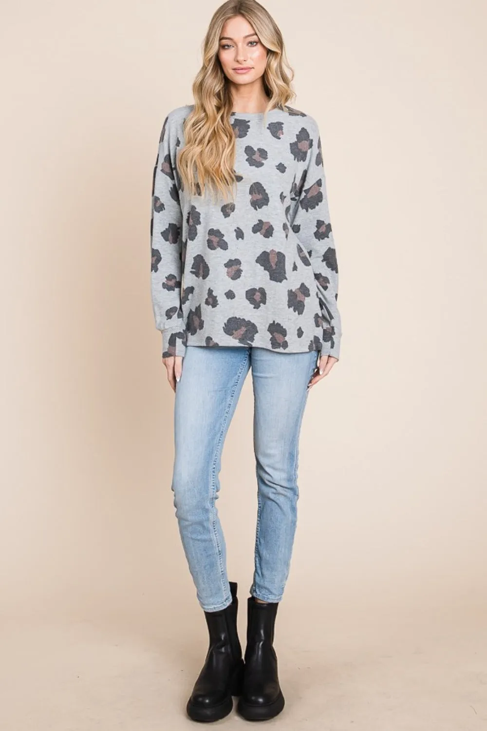 Gray Leopard Drop Shoulder T-Shirt