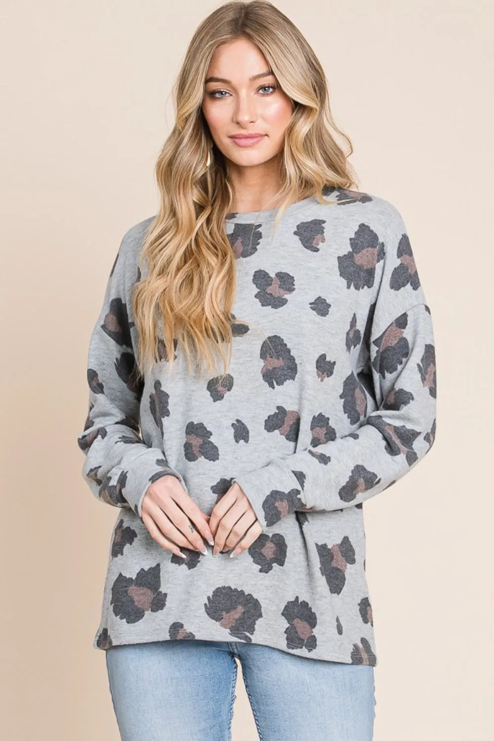 Gray Leopard Drop Shoulder T-Shirt
