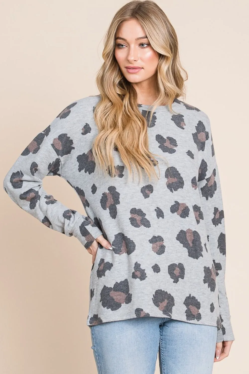 Gray Leopard Drop Shoulder T-Shirt