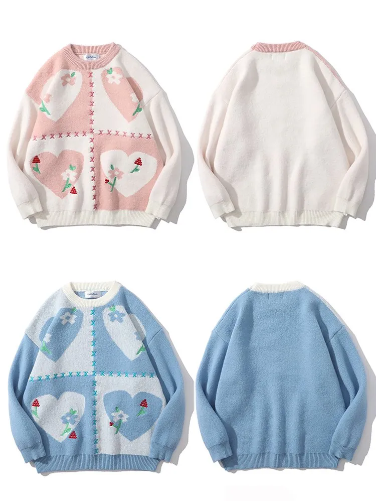 Japanese Heart Embroidered Round Neck Sweater