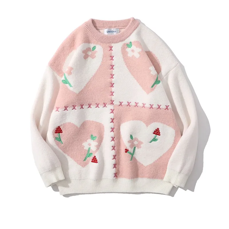 Japanese Heart Embroidered Round Neck Sweater