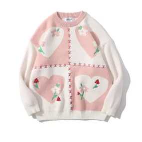Japanese Heart Embroidered Round Neck Sweater