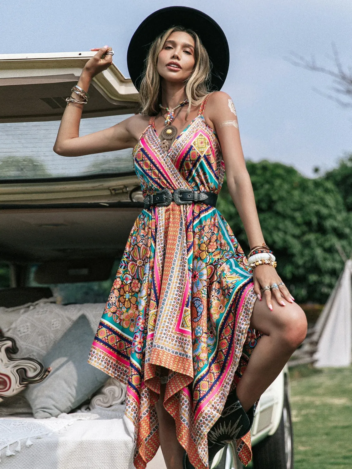 Printed Surplice Handkerchief Hem Women's Cami Dress