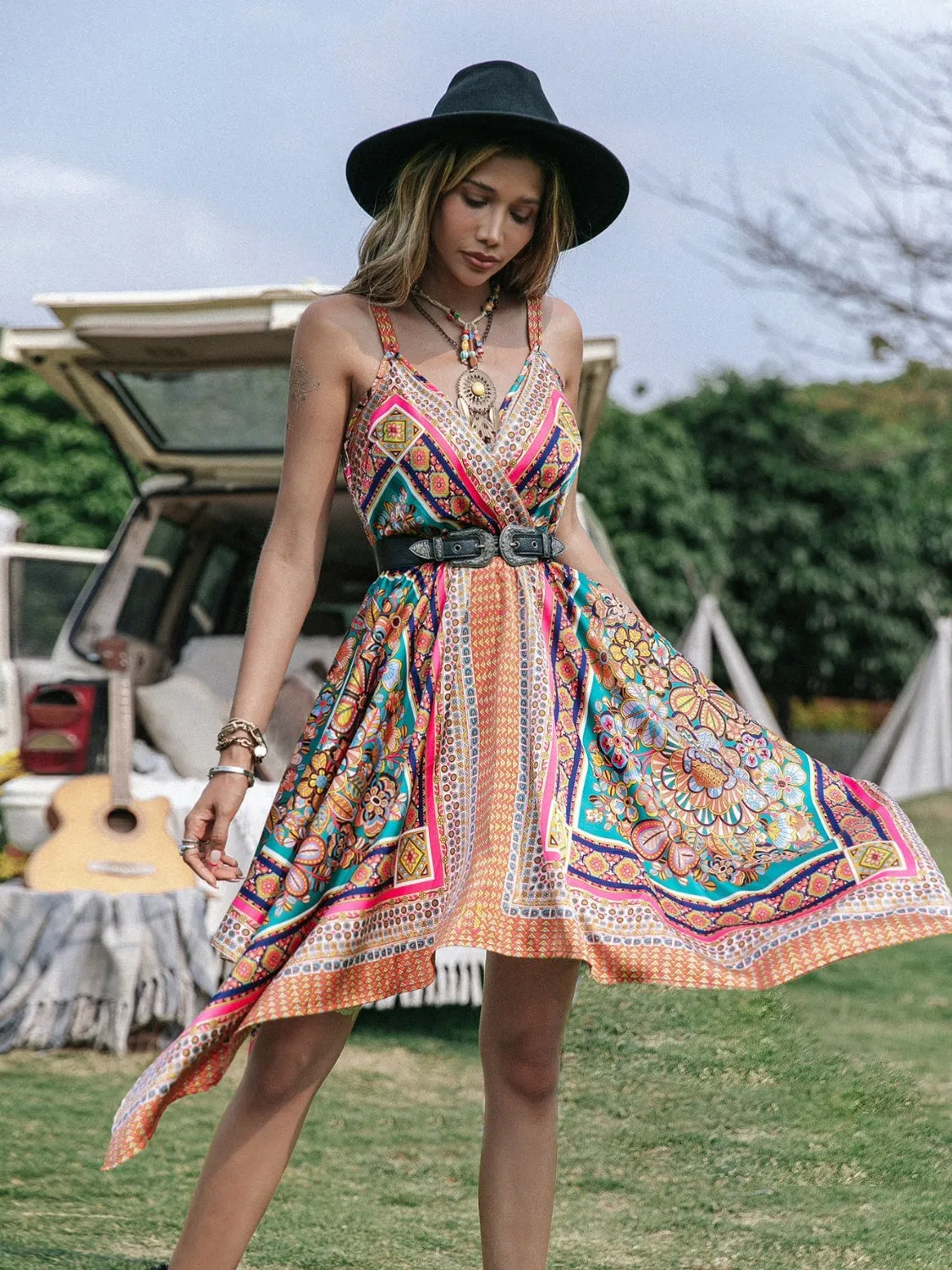 Printed Surplice Handkerchief Hem Women's Cami Dress
