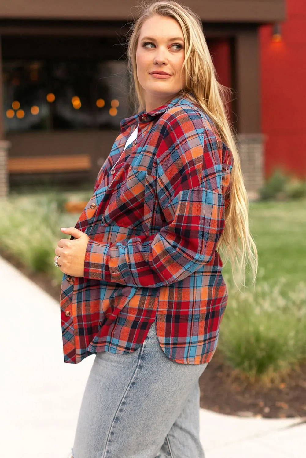 Red plaid plus size button-up shirt