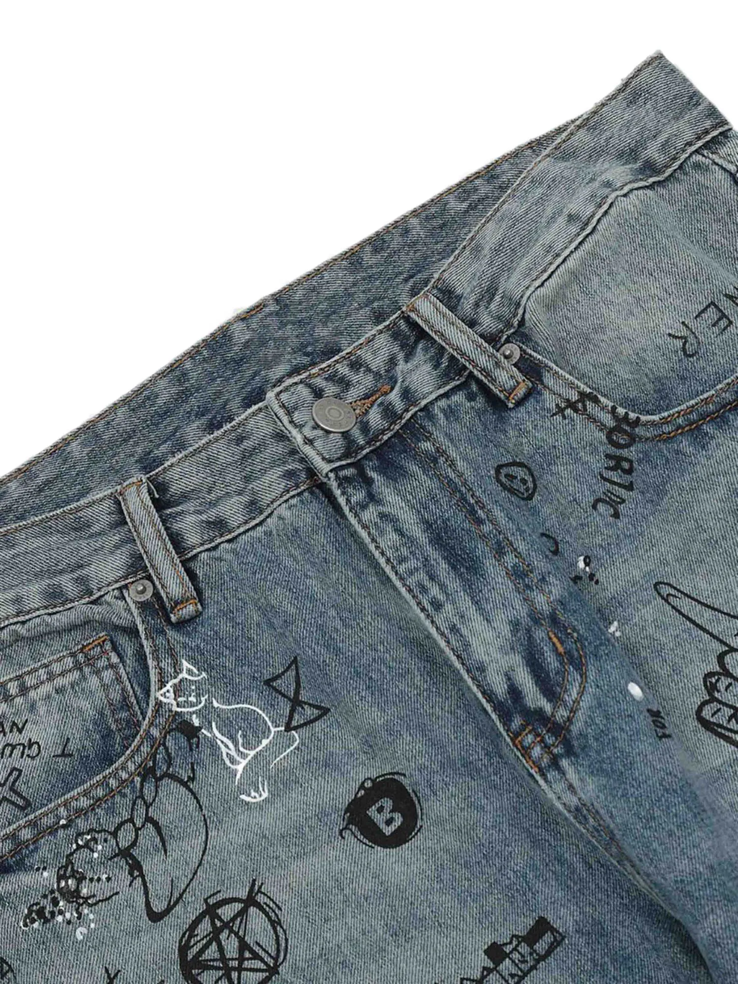 Sneakerhill Washed Graffiti Ripped Jeans
