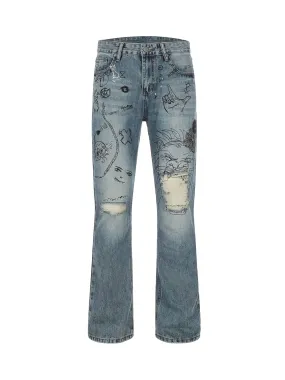 Sneakerhill Washed Graffiti Ripped Jeans