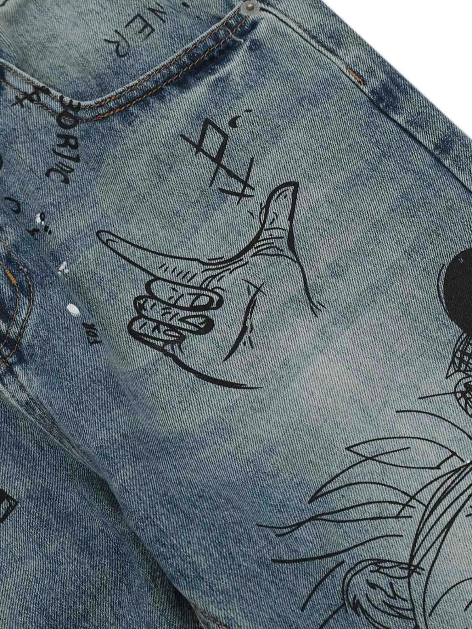 Sneakerhill Washed Graffiti Ripped Jeans