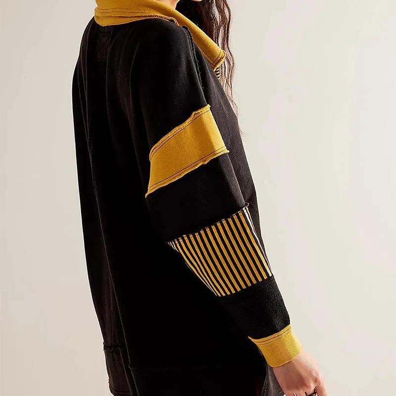 Toleet-Vintage Fashion Women Patchwork Sweatshirts Long Sleeve Button Lapel T-shirt French Trendy Striped Pullover Autumn Streetwear
