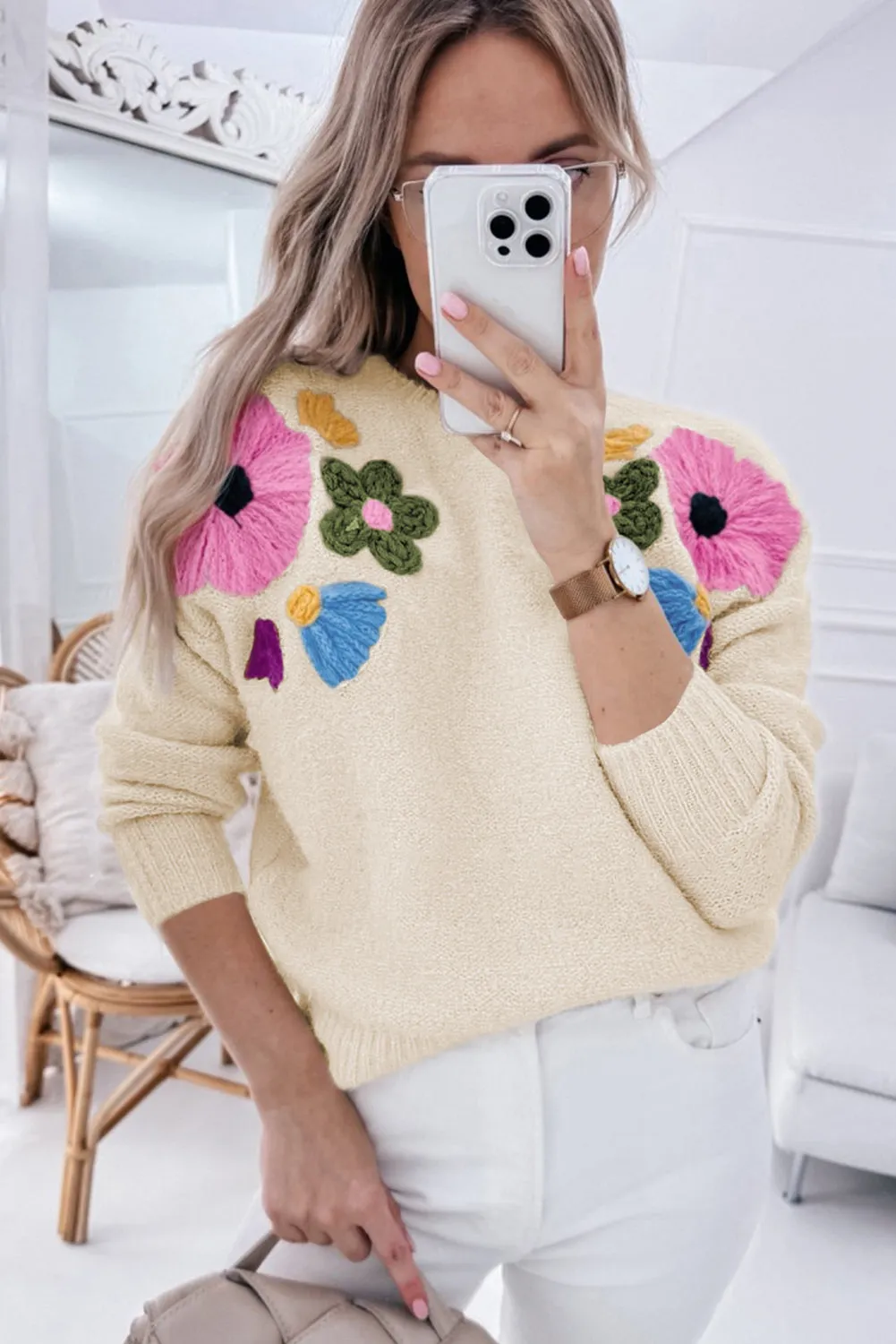 Trendy Floral Embroidered Knit Sweater for Every Day