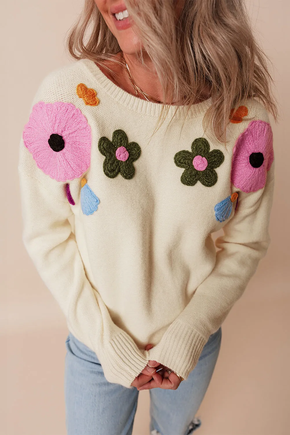 Trendy Floral Embroidered Knit Sweater for Every Day