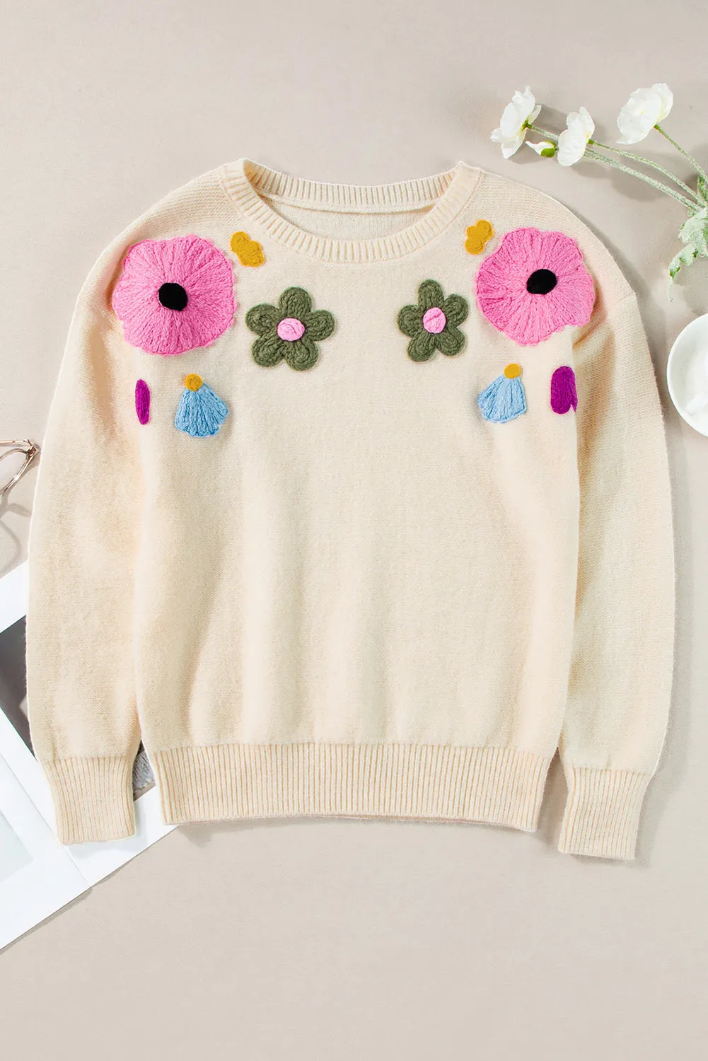 Trendy Floral Embroidered Knit Sweater for Every Day