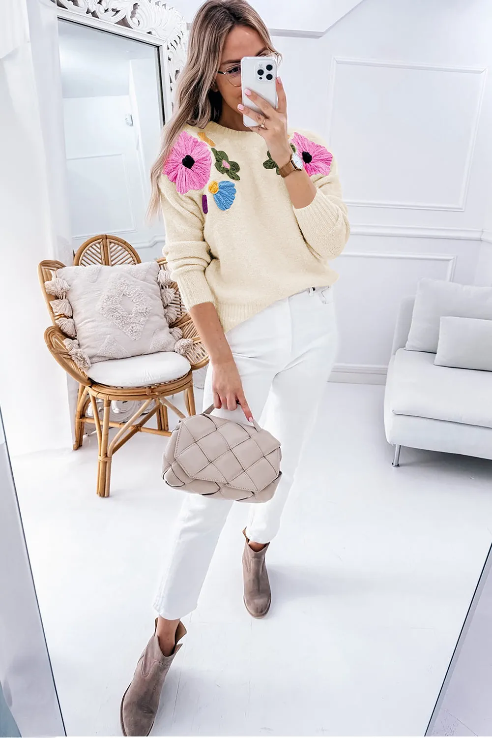 Trendy Floral Embroidered Knit Sweater for Every Day