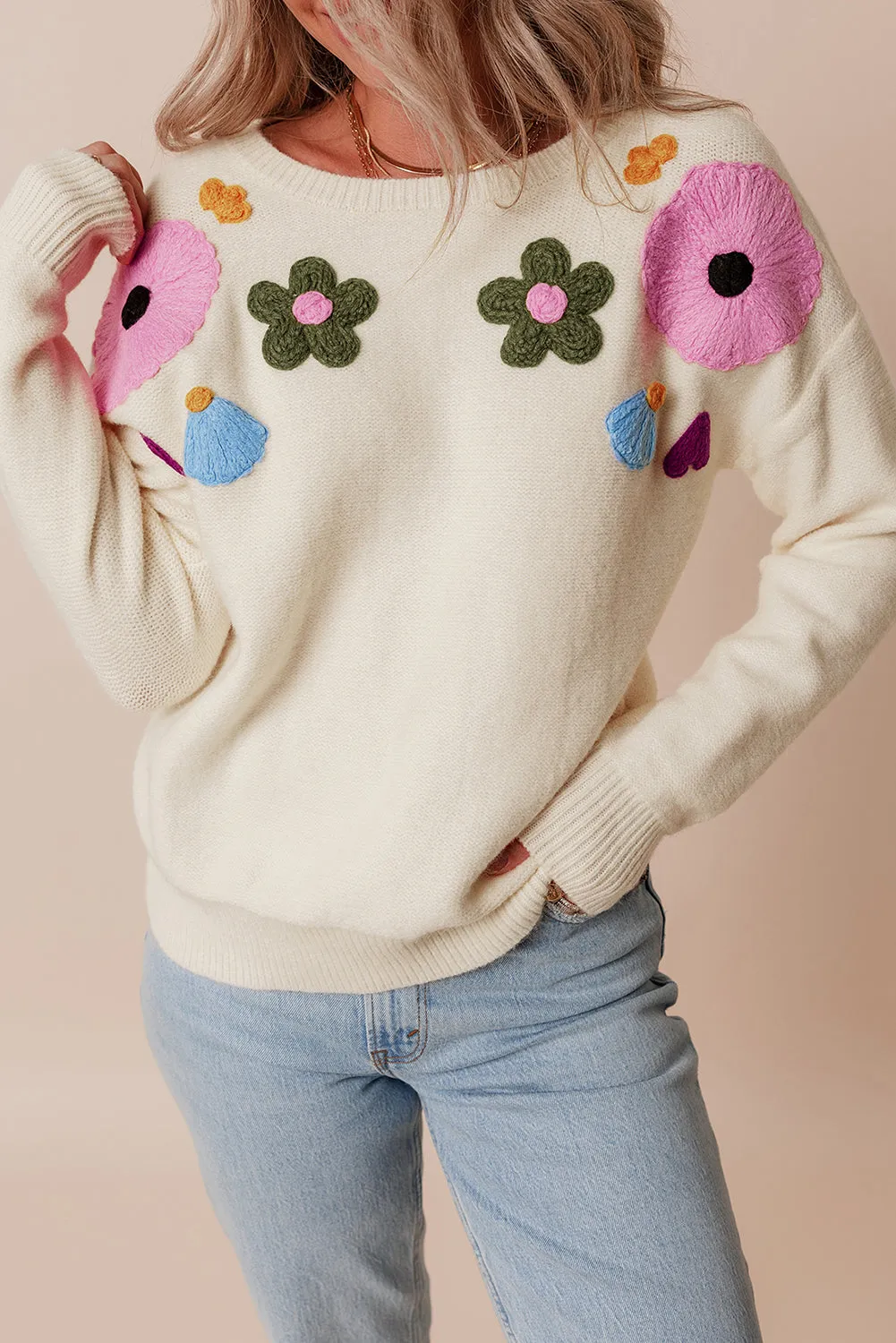 Trendy Floral Embroidered Knit Sweater for Every Day
