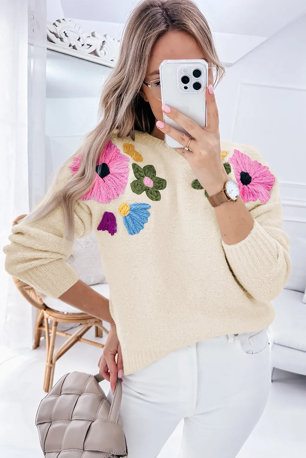 Trendy Floral Embroidered Knit Sweater for Every Day