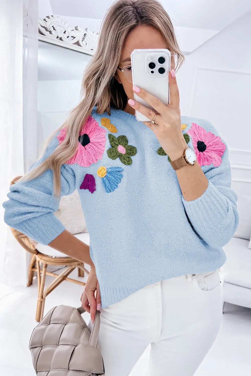 Trendy Floral Embroidered Knit Sweater for Every Day
